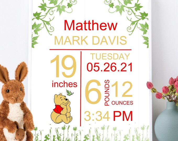 DIGITAL Pooh Bear Birth Stats Wall Art Birth Announcement Print Baby Stat Sign Personalized Baby Gift Baby Girl Nursery Decor #BS-093-d