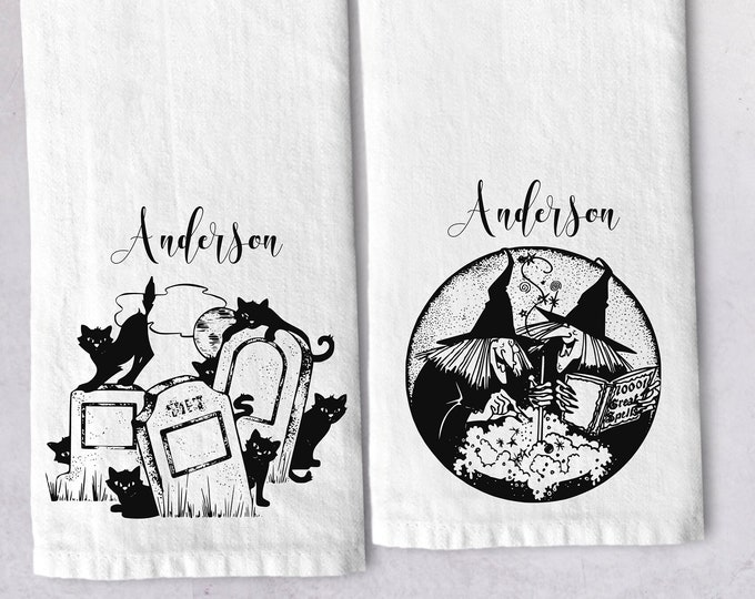 Personalized Classic Halloween Witches and Black Cats Halloween Soft Cotton Tea Towel Gift Set | Personalized Kitchen Towel Gift Set