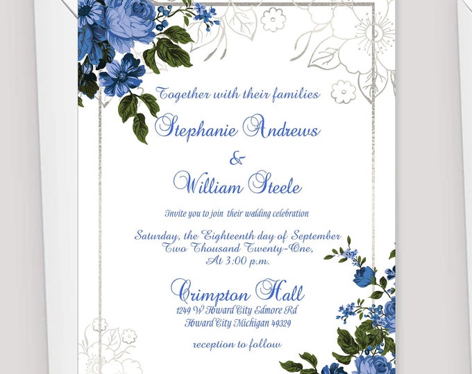 Royal Blue Rose Enchanted Rose Wedding Invitation Suite Calligraphy Wedding Invite with matching RSVP cards #I-830