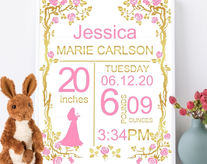 DIGITAL Sleeping Beauty Birth Stats Wall Art Birth Announcement Print Personalized Baby Gift Baby Girl Nursery Decor #BS-098-d