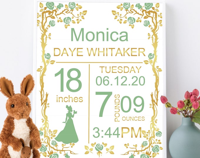 Personalized Tiana Princess Birth Stats Print Baby Girl Nursery Princess Room Art Princess Wall Art Baby Keepsake  Item# BS-101