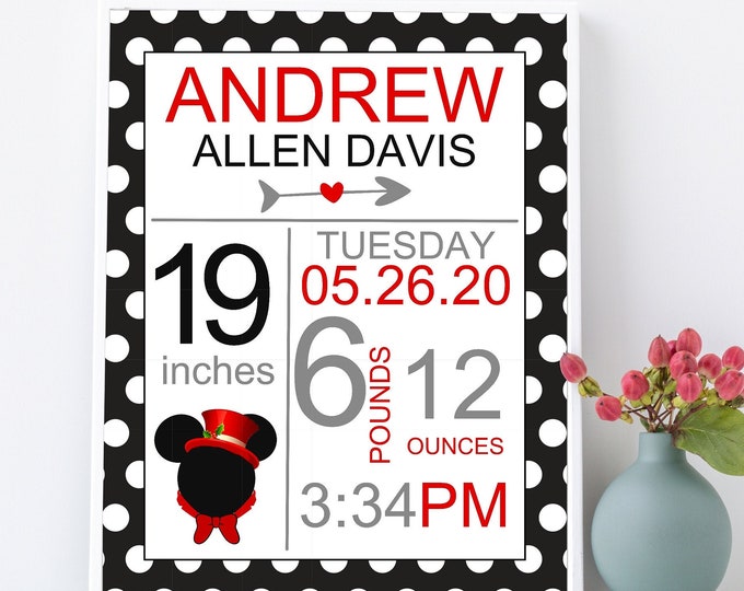 DIGITAL Mickey Mouse Baby Birth Stats Wall Art Birth Announcement Print Baby Stat Sign Personalized Baby Gift Baby Girl Nursery Decor