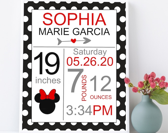 DIGITAL Minnie Baby Birth Stats Wall Art Birth Announcement Print Baby Stat Sign Personalized Baby Gift Baby Girl Nursery Decor