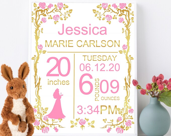 Personalized Sleeping Beauty Princess Birth Stats Print Baby Girl Nursery Princess Room Art Princess Wall Art baby keepsake  Item# BS-098