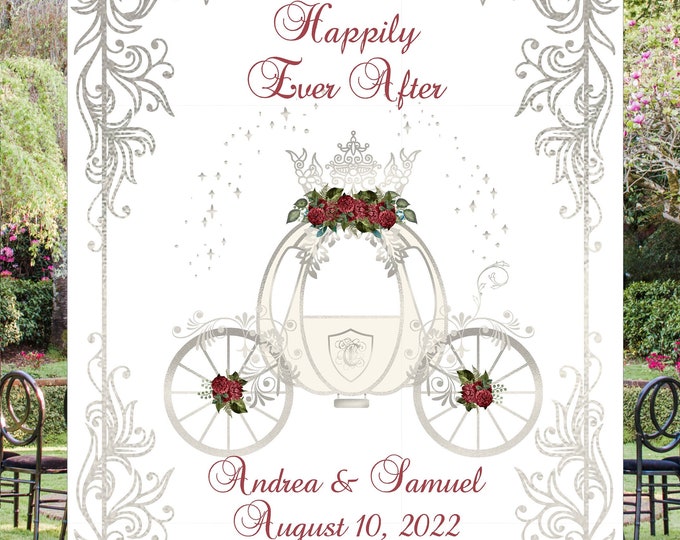 Digital Personalized Happily Ever After Enchanted Carriage Burgundy Rose Wedding Welcome Sign lovebirdslane