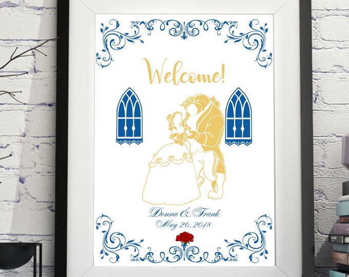 Digital Beauty & the Beast Wedding Guest Book Alternative - Rustic Wedding Sign - Anniversary Gift- Romantic Wall Art  by lovebirdslane