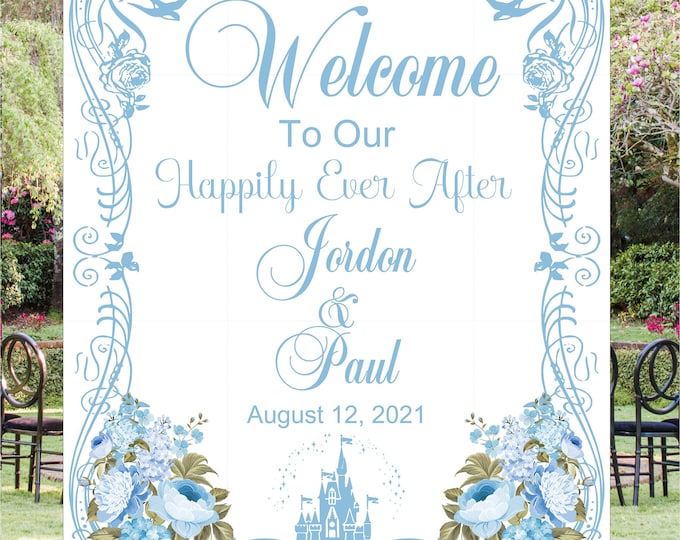 Digital Personalized Fairy Tale Cinderella Castle Wedding Welcome Sign lovebirdslane