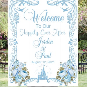 Digital Personalized Fairy Tale Cinderella Castle Wedding Welcome Sign lovebirdslane