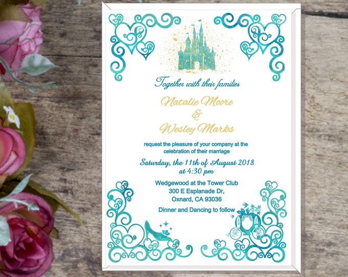 Digital File Watercolor Castle Enchanted Fairy Tale  Wedding Invitation | Princess Wedding Invitation | Calligraphy Wedding Invitation