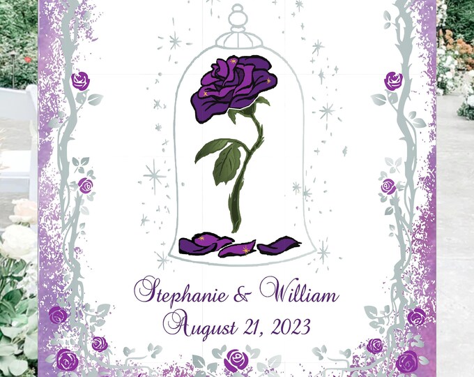 Purple Gray Enchanted Rose Beauty And The Beast Rose Wedding Welcome Sign Guest Book Alternative | Unique Wedding Guestbook |  #GB20302-1P