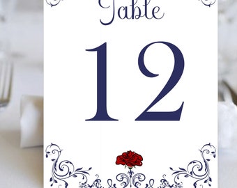 Crimson Enchanted Rose Beauty And The Beast Wedding Table Numbers | Table Seating Cards |  | item TN-404 | lovebirdslane