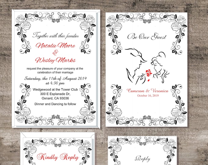 Digital Printable Fairytale Beauty And The Beast Wedding Invitation Be Our Guest Wedding Invitation Calligraphy Wedding Invite