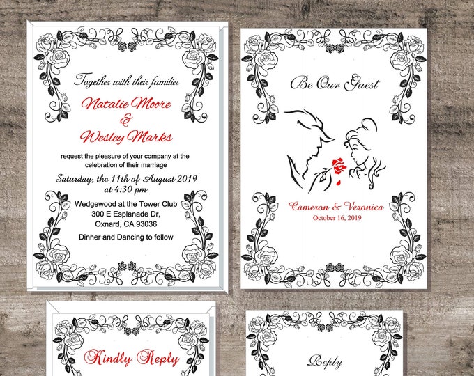 Fairytale Beauty And The Beast Wedding Invitation | Calligraphy Wedding Invitation