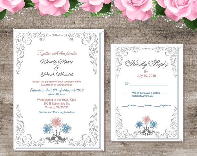 Fireworks Castle Enchanted Fairytale  Wedding Invitation and RSVP Card | Princess Wedding Invitation | Calligraphy Wedding Invitation