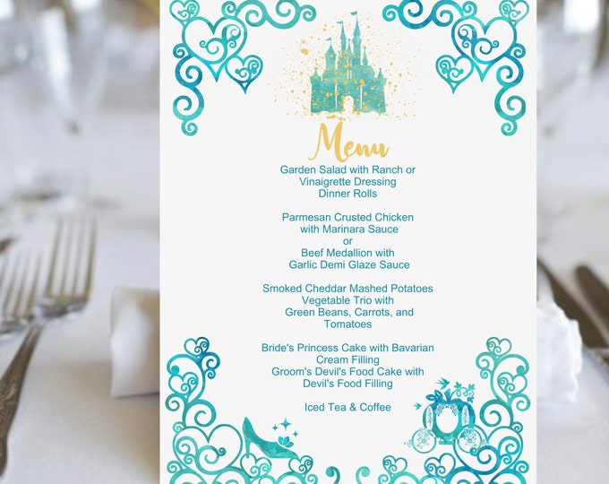 Digital Watercolor Castle Table Menus Order Only What You Need | Table Menu Cards | Aqua & Gold