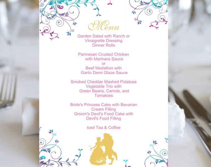 Beauty And The Beast Table Menu Wedding Menu Guest Menu #M-001-P #beautybeastwedding