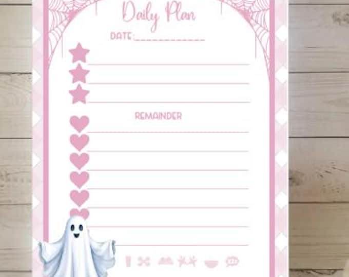 Pink Ghost Daily Planner Notepad – Gingham Self-Care Checklist & Kawaii Icons