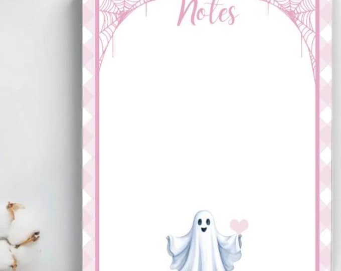 Kawaii Ghost Notepad – Pink Gingham Mini Notepad for Daily Notes