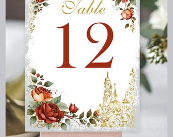 Enchanted Rose Table Numbers | Red Rose Wedding Table Numbers | Fairytale Reception Decor | Elegant Wedding Centerpiece Signs