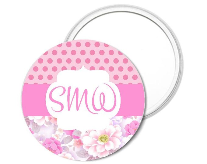 Button Pink Floral Personalized Pocket Purse Mirror - Special Occasion Unique One-of-a-kind Gift by Lovebirdslane