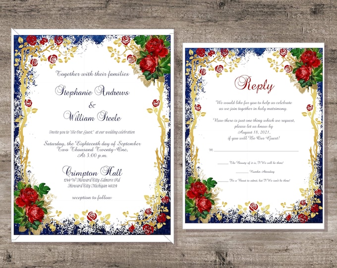 Personalized Beauty and The Beast Enchanted Red Rose Wedding Invitation Suite Calligraphy Wedding Invite with matching RSVP cards #I-326P-10