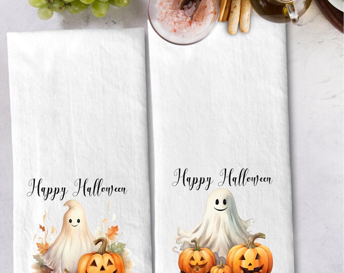 Happy Halloween Tea Towels Personalized Vintage Halloween Tea Towel Gift Set | Personalized Kitchen Hand Towel Gift Set lovebirdslane