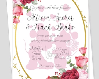 Mickey & Minnie Blush Rose Diamond Wedding Invitation | Calligraphy Wedding Invitation #WI0521-0P