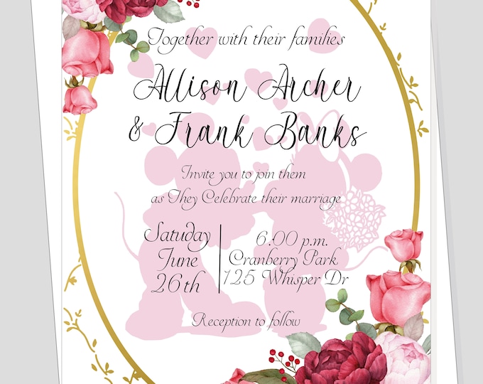 Mickey & Minnie Blush Rose Diamond Wedding Invitation | Calligraphy Wedding Invitation #WI0521-0P