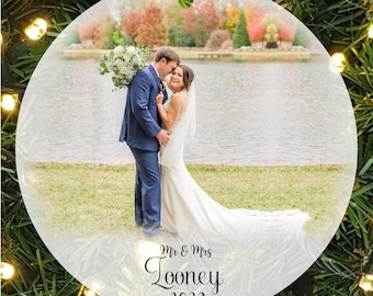MR & MRS First Christmas Wedding Custom Holiday Frosted Glass Photo Ornament Keepsake - Large Over 3 Inch