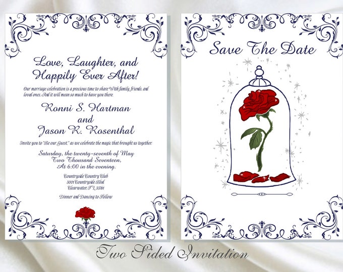 25 Enchanted Rose Beauty And The Beast Wedding Invitation | Wedding Invitation Printable | Calligraphy Wedding Invitation | Lovebirdslane