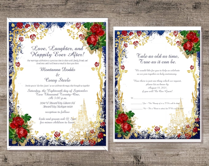 Personalized Beauty and The Beast Enchanted Rose Wedding Invitation Suite Calligraphy Wedding Invite with matching RSVP cards #I-326P-9