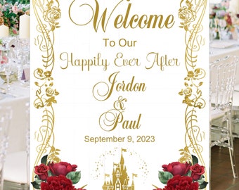 Personalized Fairy Tale Cinderella Castle Wedding Welcome Sign in gold with red roses #WS0419P