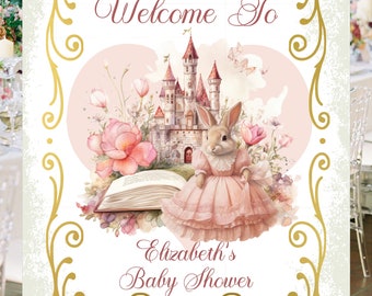 Digital Personalized Pink Rabbit Castle Baby Shower Alternative Guestbook Sign lovebirdslane #WS0909-2D