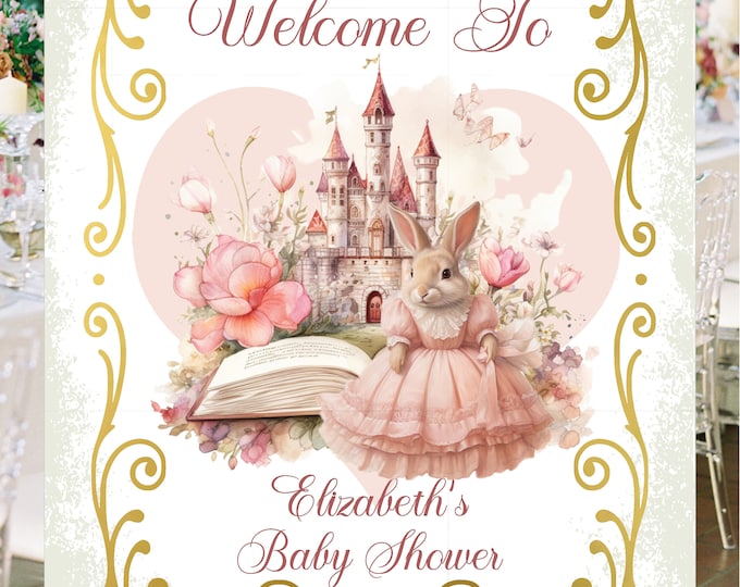 Digital Personalized Pink Rabbit Castle Baby Shower Alternative Guestbook Sign lovebirdslane #WS0909-2D