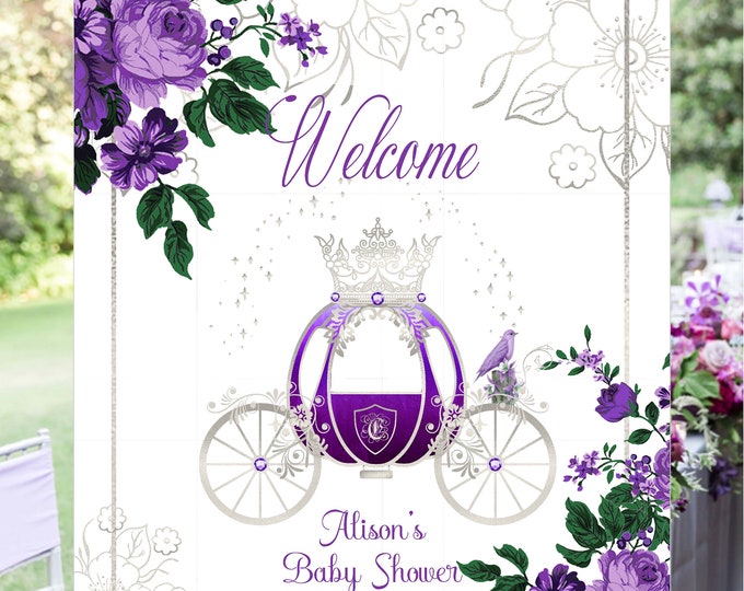Digital Personalized Royal Wedding Carriage Purple Rose Welcome Sign lovebirdslane #WS830.5