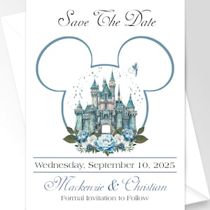 Personalized Castle Enchanted Fairy Tale Wedding Save The Date Card | Blue Rose Princess Wedding Invitation | Calligraphy Wedding Invitation