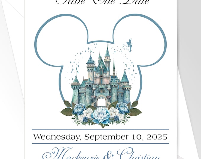 Personalized Castle Enchanted Fairy Tale Wedding Save The Date Card | Blue Rose Princess Wedding Invitation | Calligraphy Wedding Invitation
