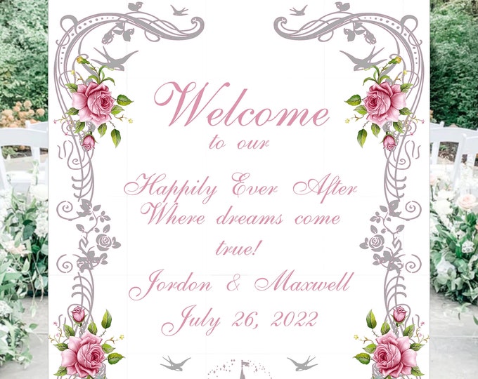 Digital Personalized Fairy Tale Love Birds Castle Wedding Welcome Sign by lovebirdslane