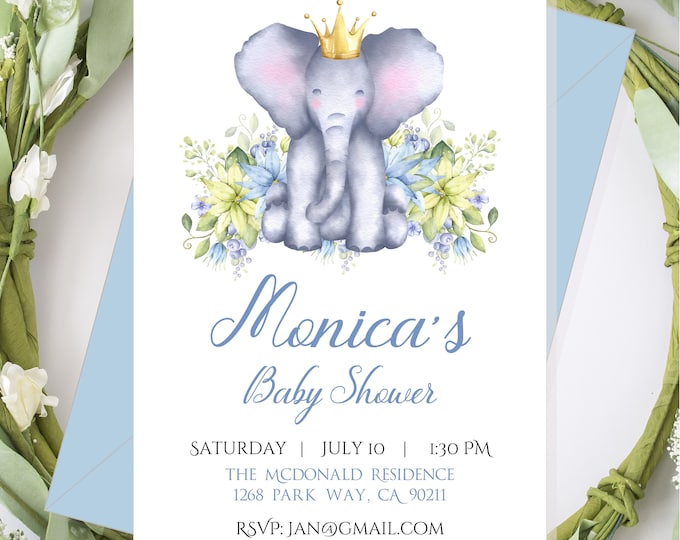 Blue Elephant Invitation Party Invite For Baby Showers and Birthdays #I223P-4