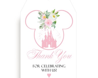 Personalized Gift Tags | Blush Pink Rose Mickey Mouse Cinderella Castle Thank You Gift Tags | Personalized Thank You Card #T1230-10