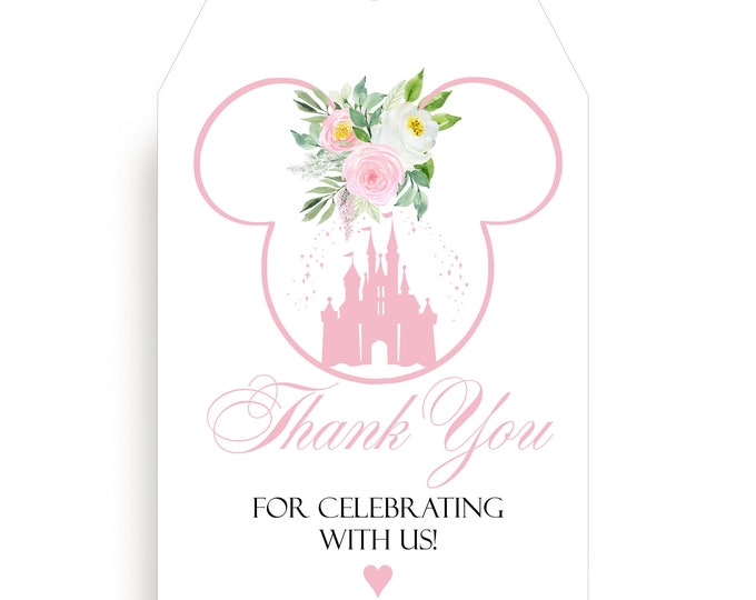 Personalized Gift Tags | Blush Pink Rose Mickey Mouse Cinderella Castle Thank You Gift Tags | Personalized Thank You Card #T1230-10