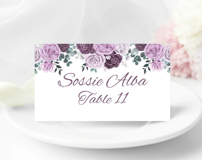 Lavender Purple Rose Place Cards Sweet 16 Birthday Place Cards Mod Party Place Cards Royal Wedding Place Cards #PC25-01