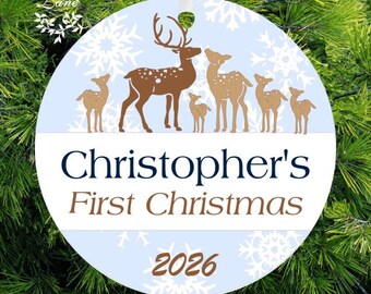 Personalized Family Baby's First Christmas Ornament | Snowflake Woodland Deer Ornament Handmade in the USA