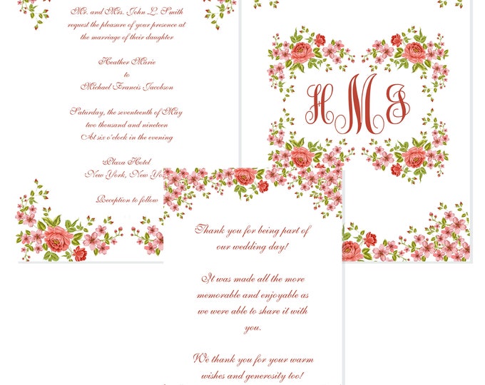 Printable DYI Romantic Roses Wedding Invitation Suite Printable Calligraphy Wedding Invitation