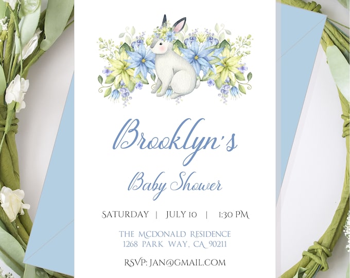 Blue Baby Bunny Invitation Party Invite For Baby Showers and Birthdays #I223P-3