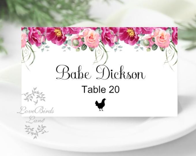 Printed Bright Pink Peony Floral | Flat or Folded Place Cards with optional meal icons PC619-8