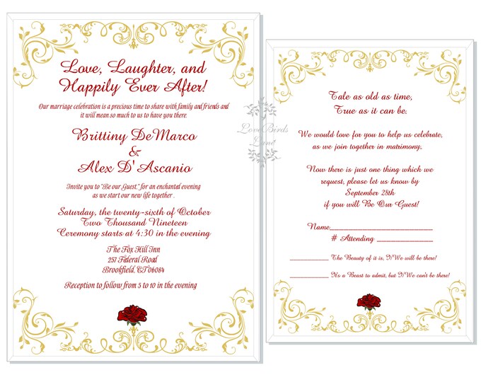 Enchanted Rose Beauty And The Beast Wedding Invitation | Be Our Guest Calligraphy Wedding Invitation