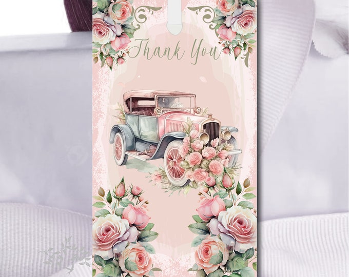 Vintage Car Blush Rose Wedding Gift Tags |  Pink Bridesmaid Cards | Blush Rose Thank You Cards | Personalized Thank You Card | #T0804-3