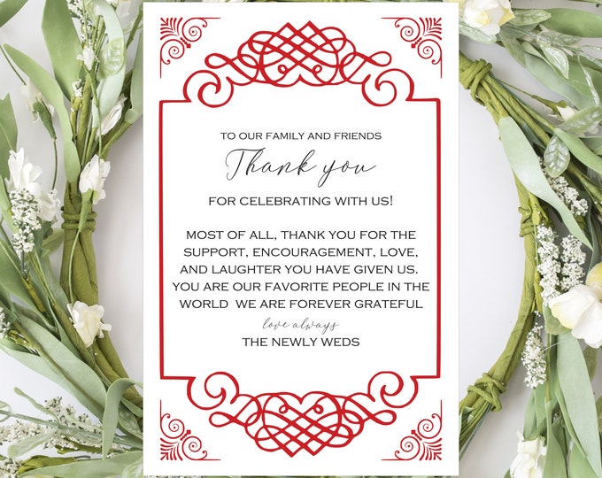 30 Printed Red Filigree Heart Wedding Thank You Cards Spring Wedding Thank You Bridal Shower Thank You #0528-17-2 lovebirdslane