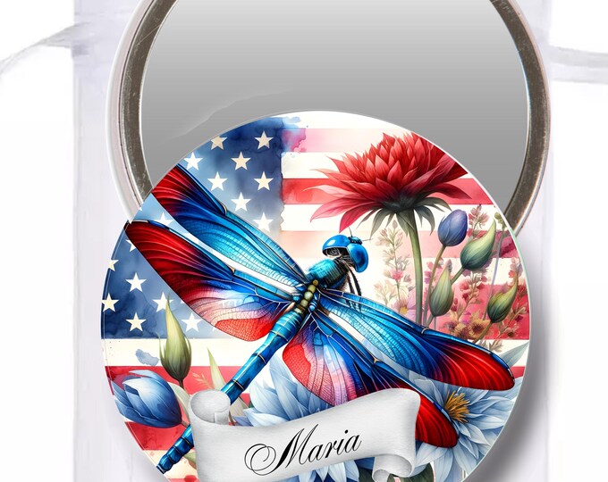 Patriotic Dragonfly Personalized Pocket Mirrors | Bridal Shower Pocket Mirrors | Baby Shower Gift #CM0809-1